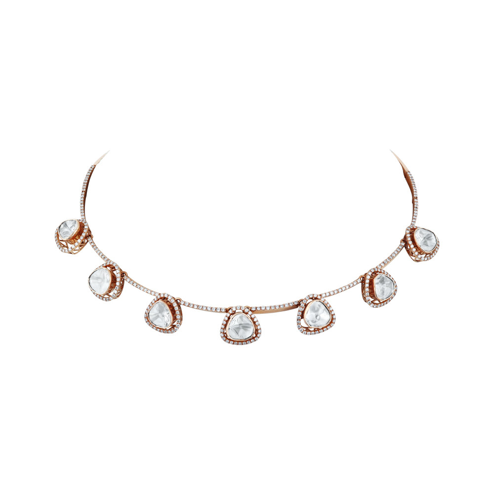 Rose Gold Polki Necklace with Brilliant-Cut Diamond Halo